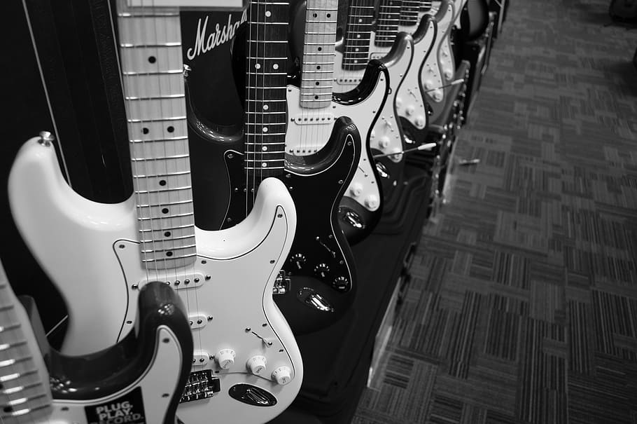 grayscale photo of guitars, music, musician, rock, sound, musical instrument