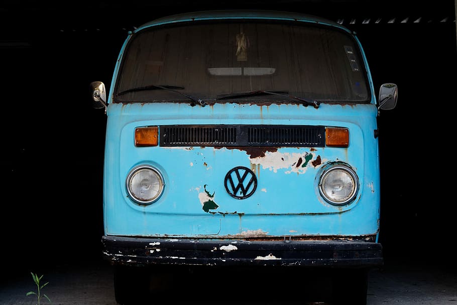 blue Volkswagen van, blue Volkswagen T2 van, rusted vehicle, car