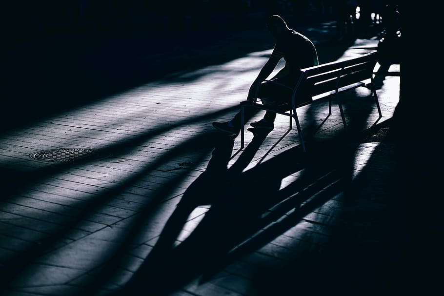 low-light photo of person sitting on bench, photography, man HD wallpaper