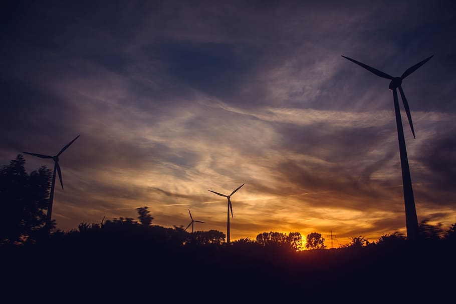 Black Windmills during Sunset, alternative, alternative energy HD wallpaper