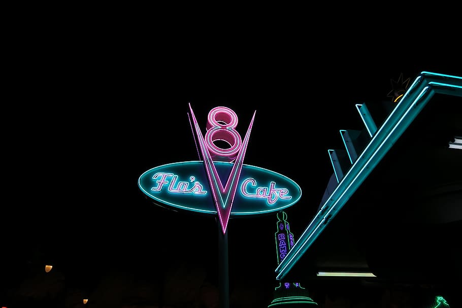 Flo, Café, Disneyland, Racers, Neon, flo's café, sign, street, HD wallpaper