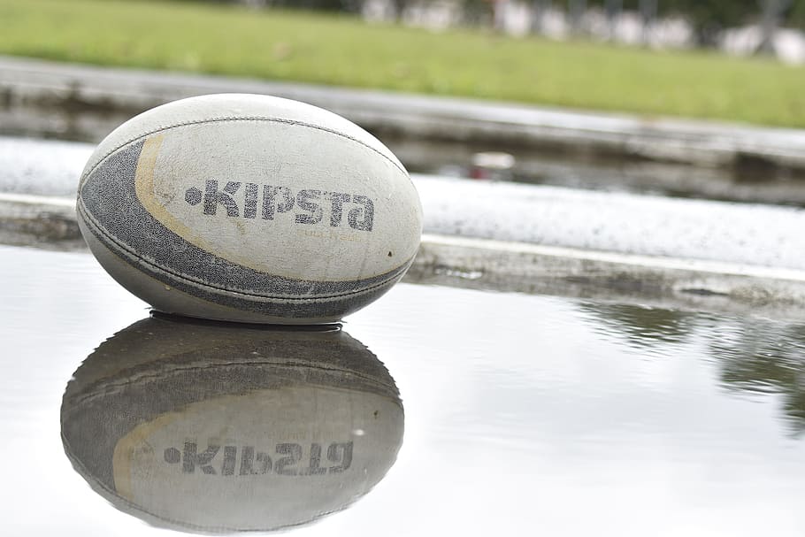 rugby, ball, water, field, grass, sport, reflection, text, western script, HD wallpaper