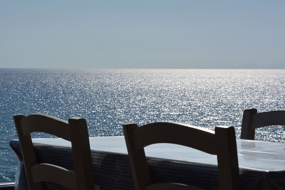 Sea, View, Table, Sunset, sea view, chair, no People, blue HD wallpaper