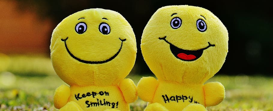 two yellow plush toys, smiley, laugh, funny, emoticon, emotion