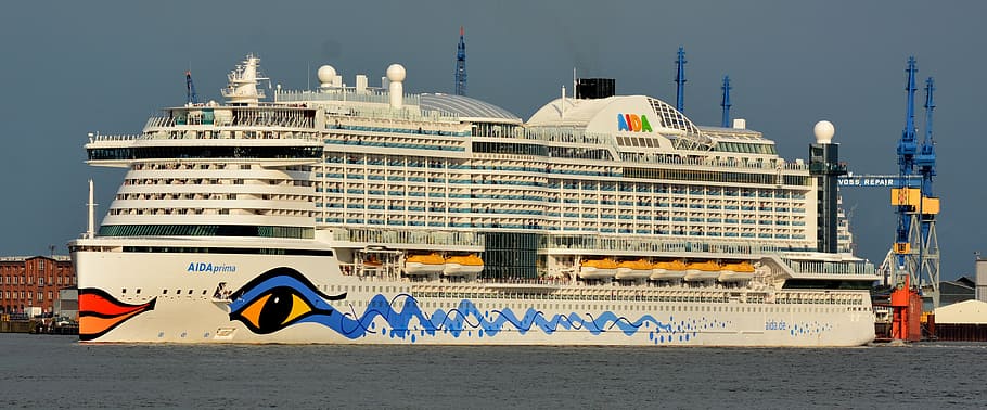 white and blue cruise ship on sea at daytime, hamburg, aida prima