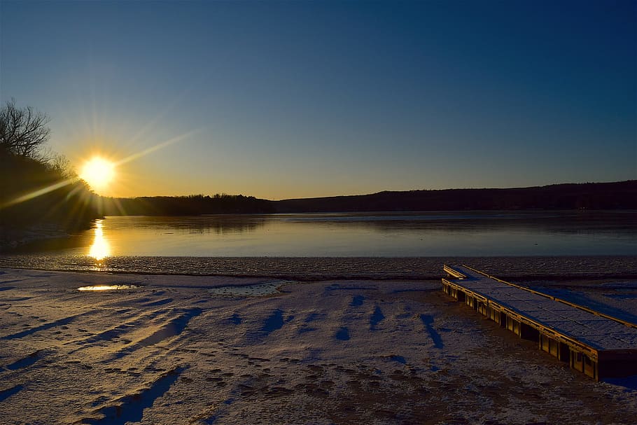 sunset photography, lake, beach, dock, snow, coast, water, nature HD wallpaper