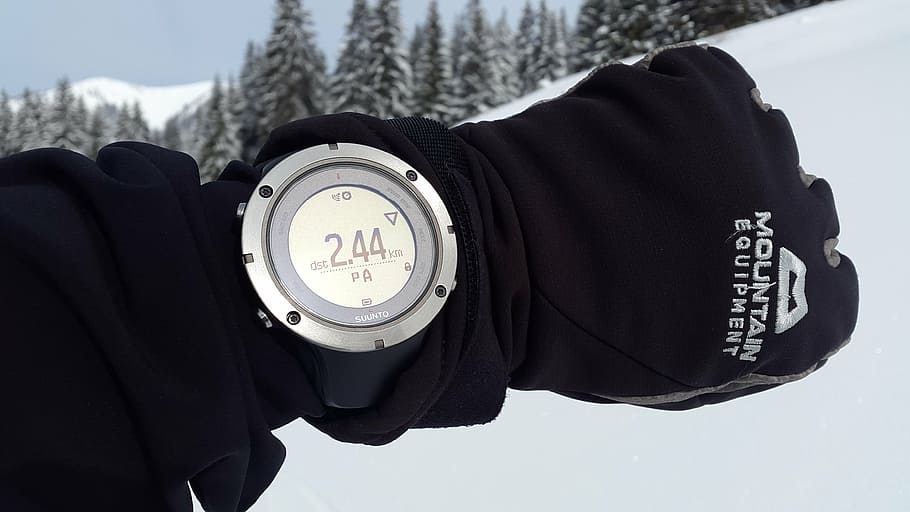 round grey digital watch displaying 2:44, gps track, navigation, HD wallpaper