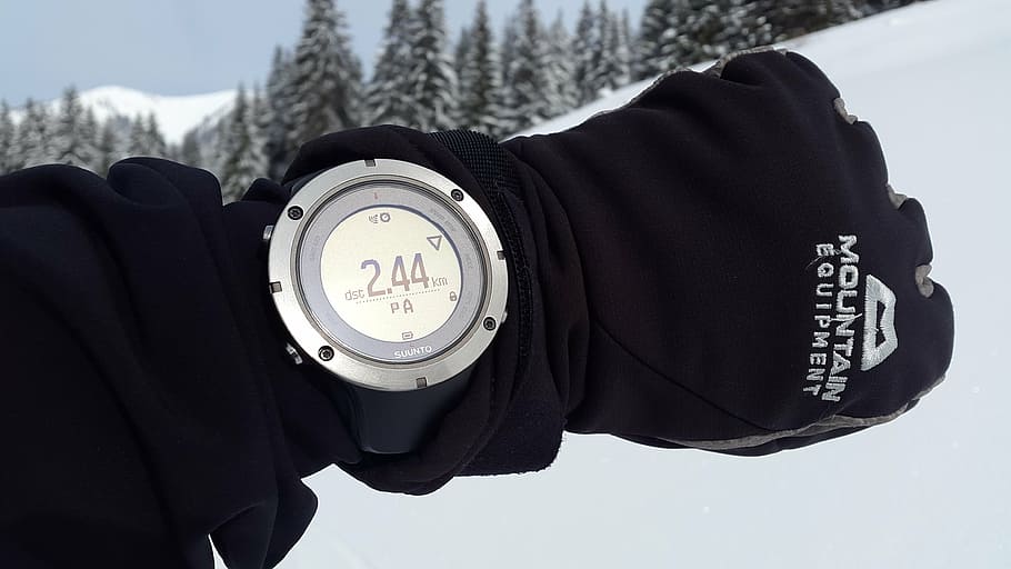 round grey digital watch displaying 2:44, gps track, navigation HD wallpaper