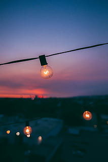 bulb photography, black string lights, sunset, sunrise, lightbulb HD wallpaper