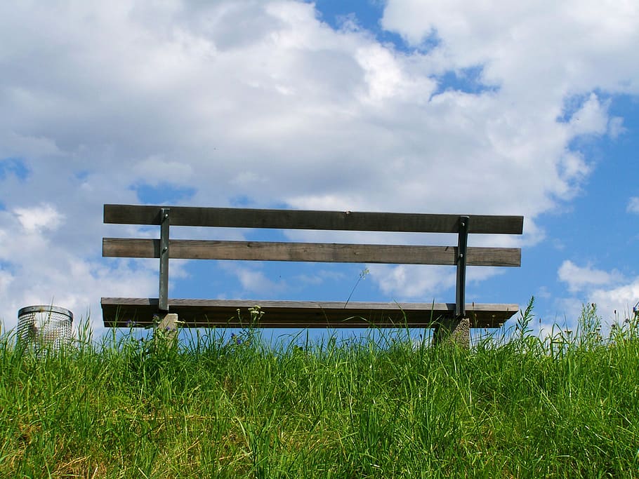 pad, old m, blue sky, cloud - sky, grass, bench, land, nature HD wallpaper