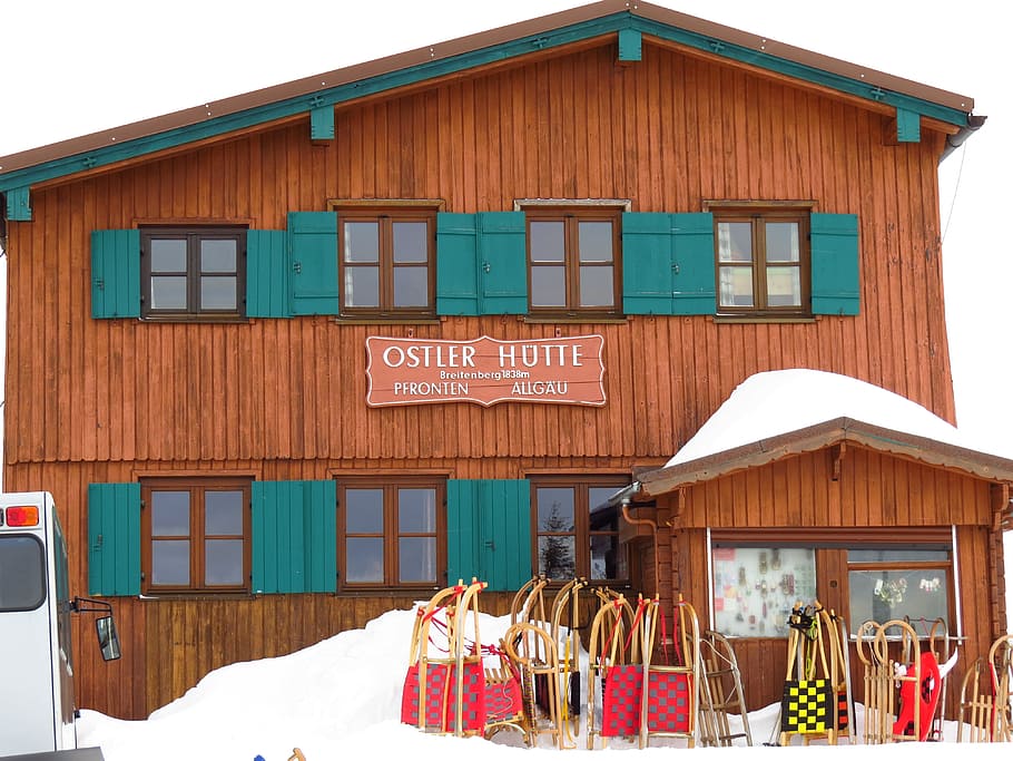 slide, hut, snow, fun, toboggan, ski lodge, tobogganing, wooden sled HD wallpaper