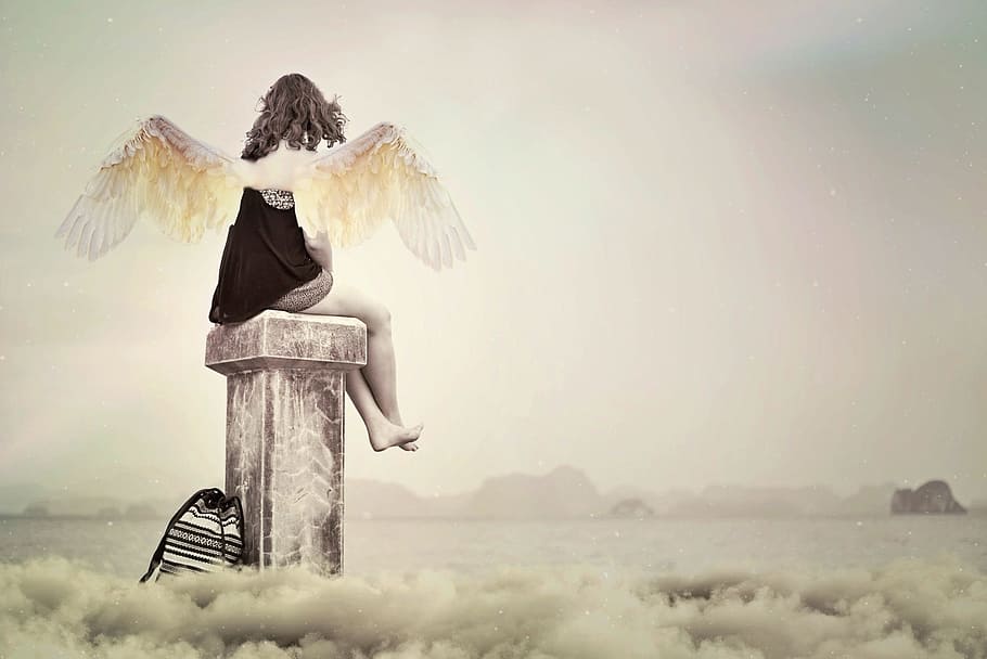 cherub sitting on chimney, angel, guardian angel, aura, female, HD wallpaper