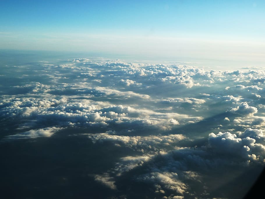 aircraft, cloud, clouds, sun, sky, white, blue, fly, shadow HD wallpaper