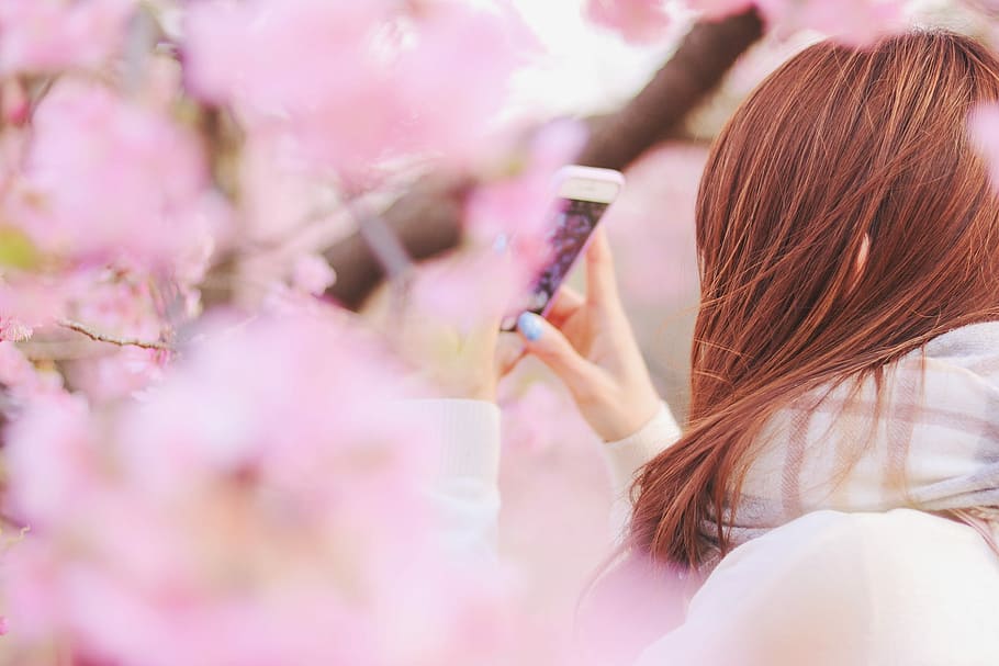 woman wearing white sweater with scarf on neck taking selfie beside tree during daytime HD wallpaper