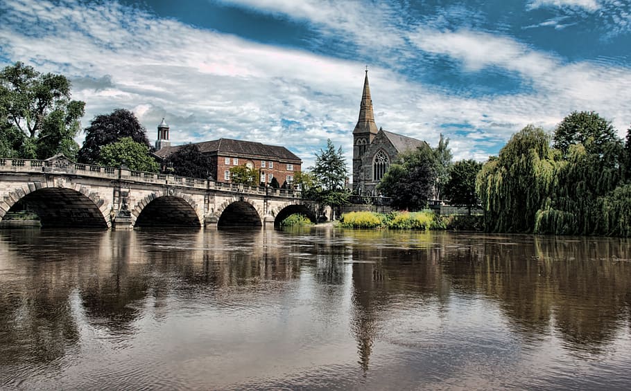 temple near body of water painting, shrewsbury, english bridge