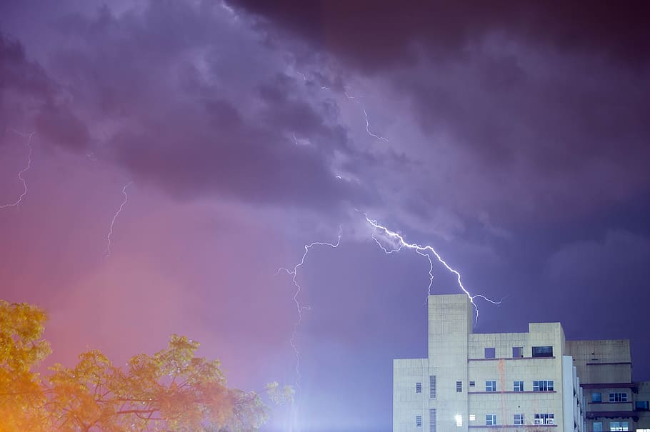 rain, rainy night, lightning, thunder, street, nature, evening HD wallpaper