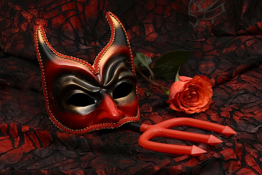 red and black devil masquerade mask, carnival, mysterious, close, HD wallpaper