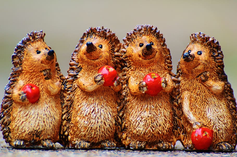 hedgehog, figures, funny, cute, sweet, pair, apple, decoration HD wallpaper