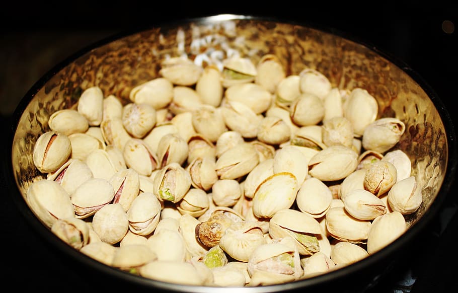 pistachios, salty, shell, delicious, snack, brass bowl, food HD wallpaper