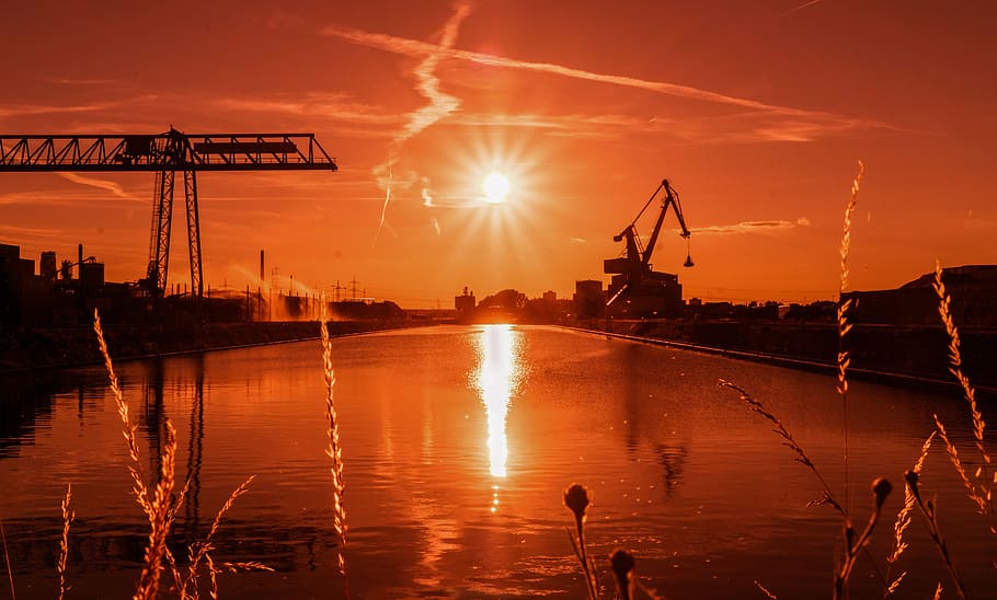 port, sunset, aschaffenburg, afterglow, water, machinery, industry, HD wallpaper