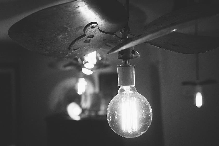 black-and-white, lights, light bulb, idea, vision, indoors, one person HD wallpaper