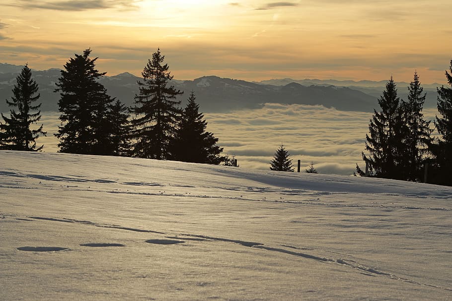 sunset, alpine, winter, romantic, switzerland, austria, mountains HD wallpaper