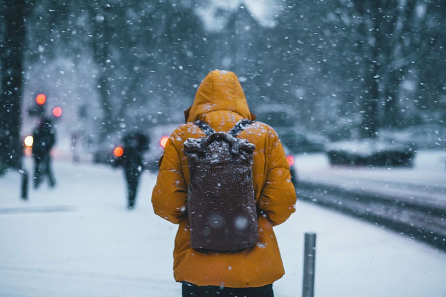 person wearing jacket and backpack, person walking on snowy day HD wallpaper