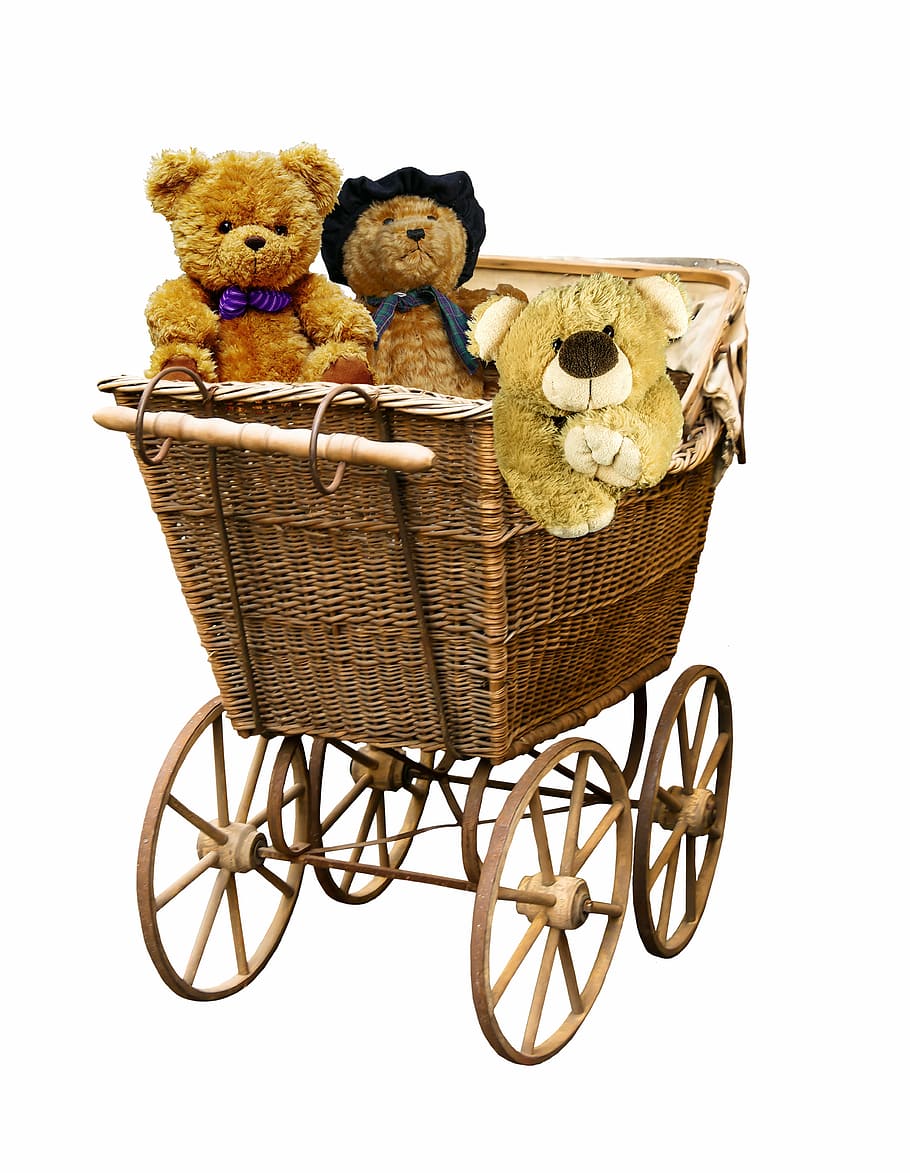 three brown bear plush toys in brown wicker bassinet, baby carriage