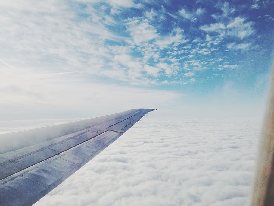 plane, airplane, wing, clouds, sky, aerial, travel, adventure HD wallpaper