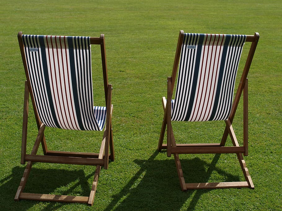 deckchairs, park, summer, seat, grass, nature, absence, relaxation HD wallpaper