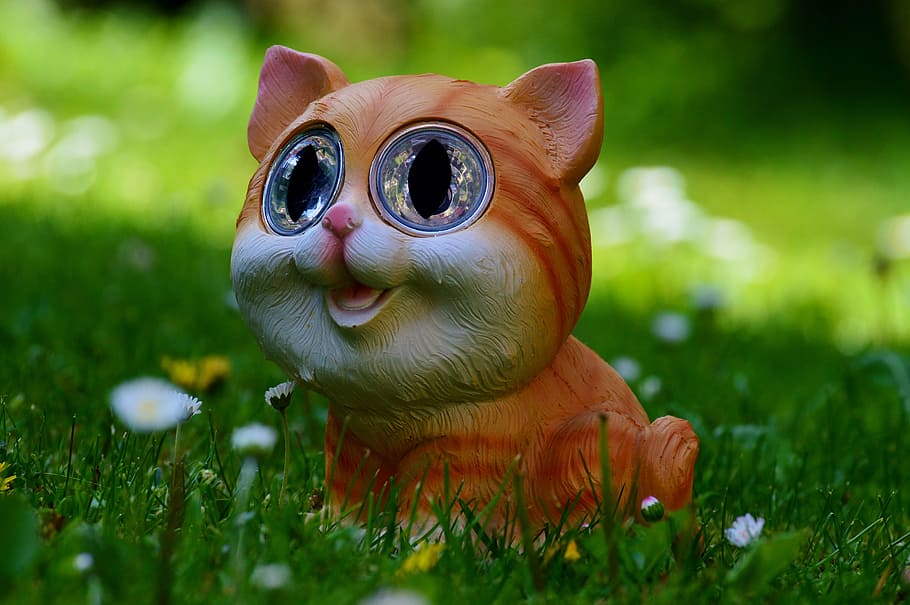 brown cat figurine, meadow, cute, funny, solar, grass, plant HD wallpaper