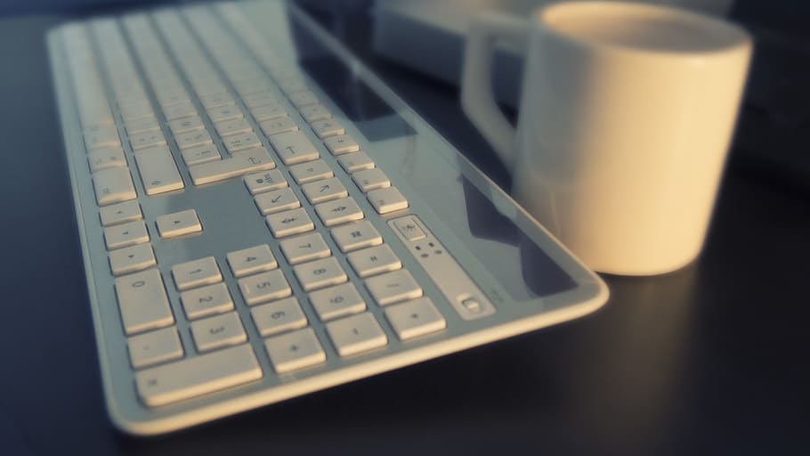 white wireless computer keyboard and white mug, internet, work HD wallpaper