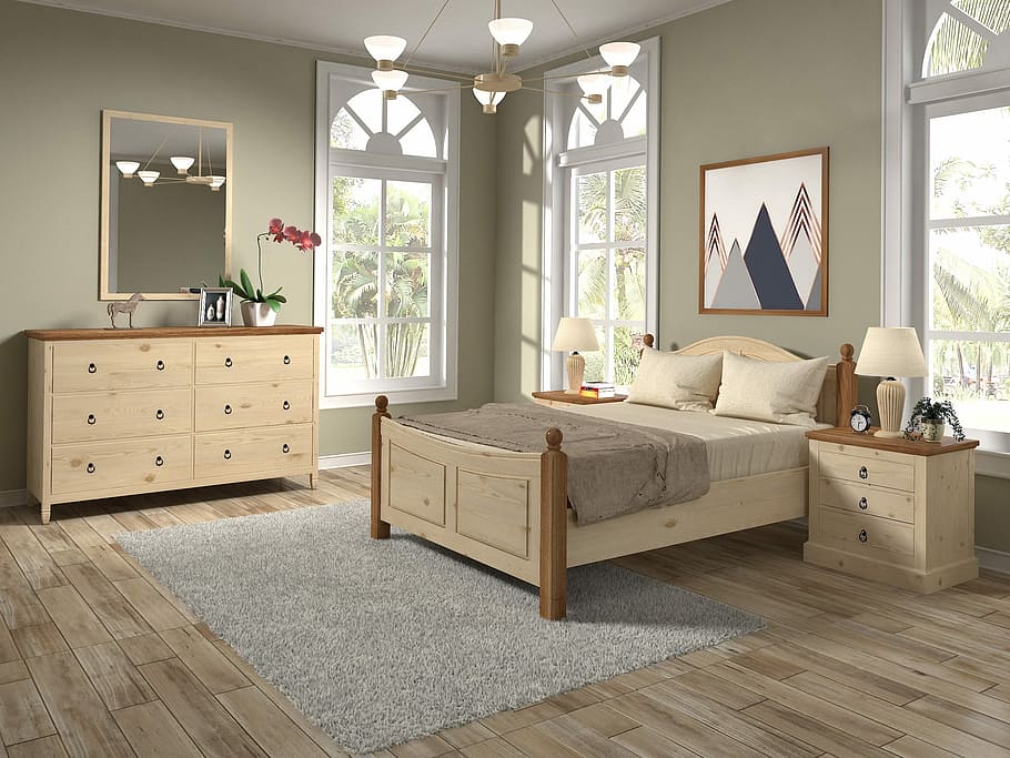 beige dresser beside window, furniture, bed, domestic room HD wallpaper