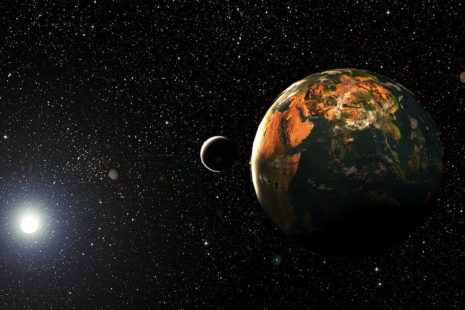 Earth illustration, astronomy, planet, moon, galaxy, spherical HD wallpaper