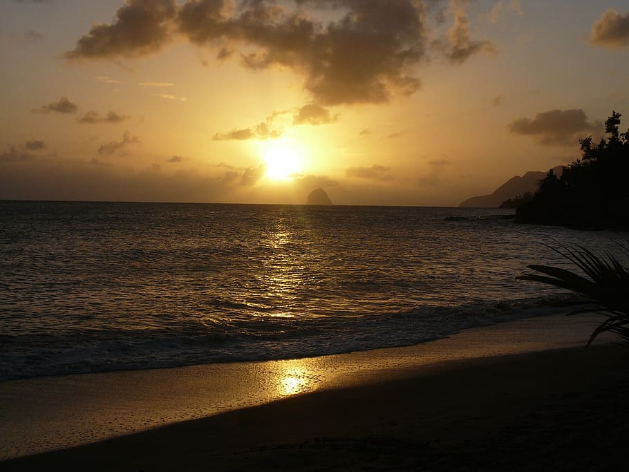 photography of beach during golden hour, sunset, sky, martinique HD wallpaper