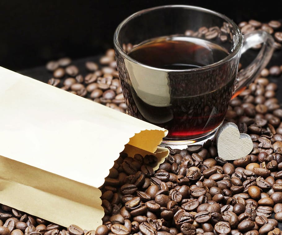 glass of coffee on coffee beans, coffee cup, pleasure, caffeine HD wallpaper