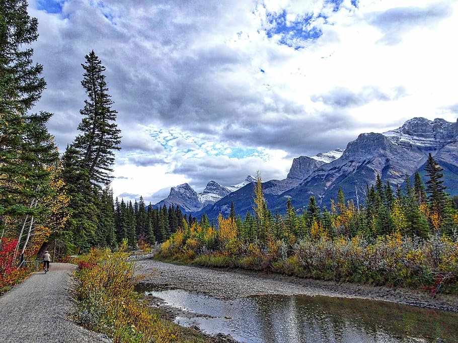 autumn, mountains, forest, river, biking, rockies, canada, landscape HD wallpaper