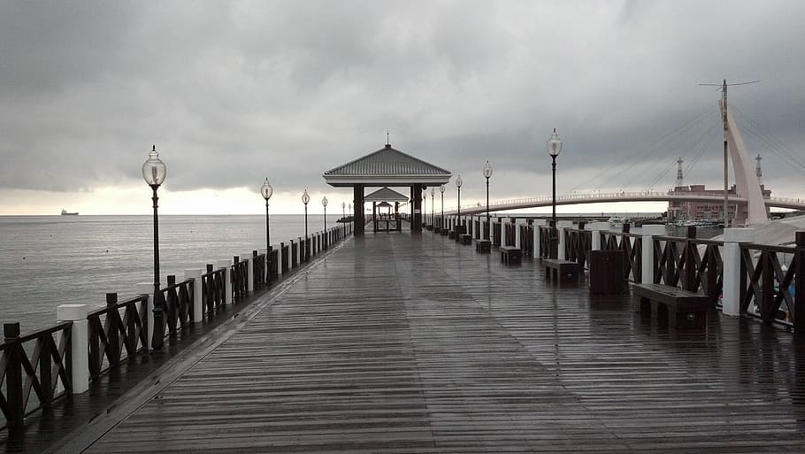 rainy day, pier, ocean, dock, weather, shore, wet, wharf, harbor HD wallpaper