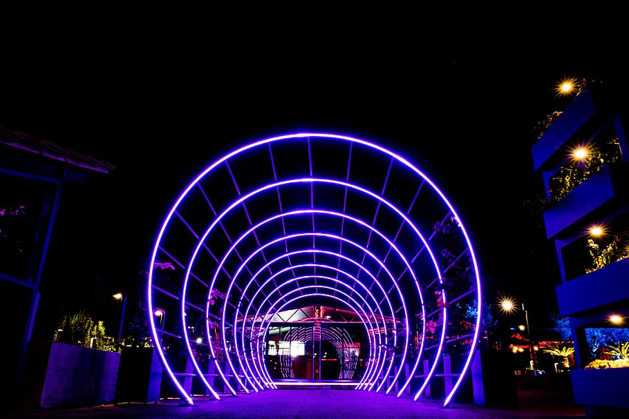 Night tunnel lights, architecture, illuminated, urban Scene, built Structure