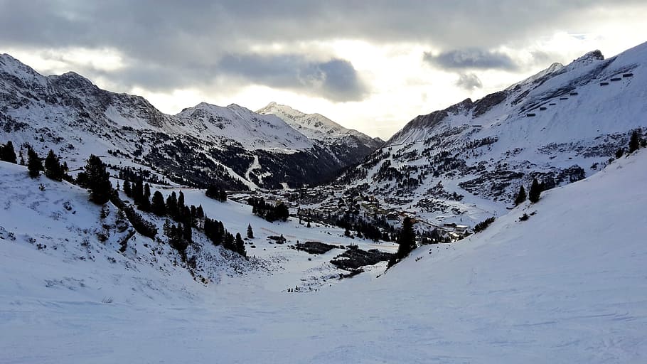 alps, mountains, austria, skiing, clouds, landscape, sun, winter HD wallpaper