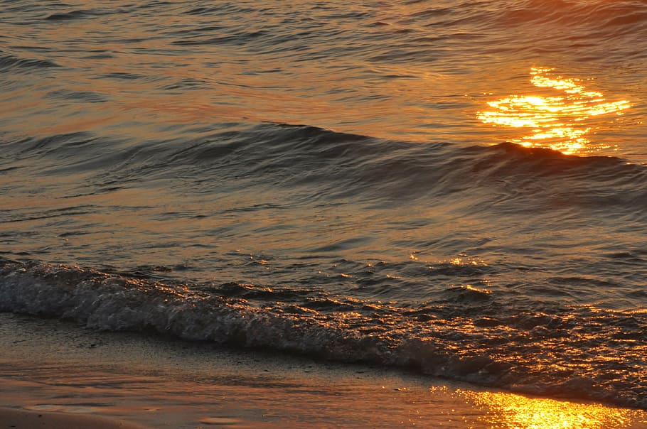 sea, sunset, wave, evening, glow, beach, the baltic sea, water HD wallpaper