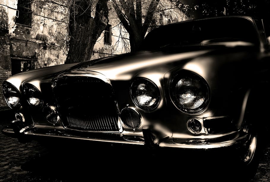 grayscale photo of vehicle beside tree, old, dark, car, darkness HD wallpaper