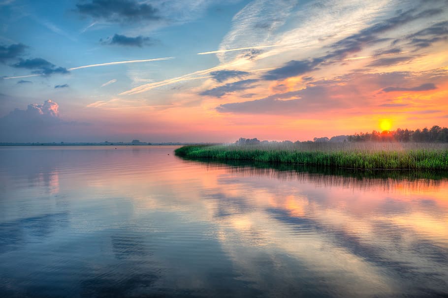 grass field near body of water, sunset, colorful, hdr, reflection HD wallpaper