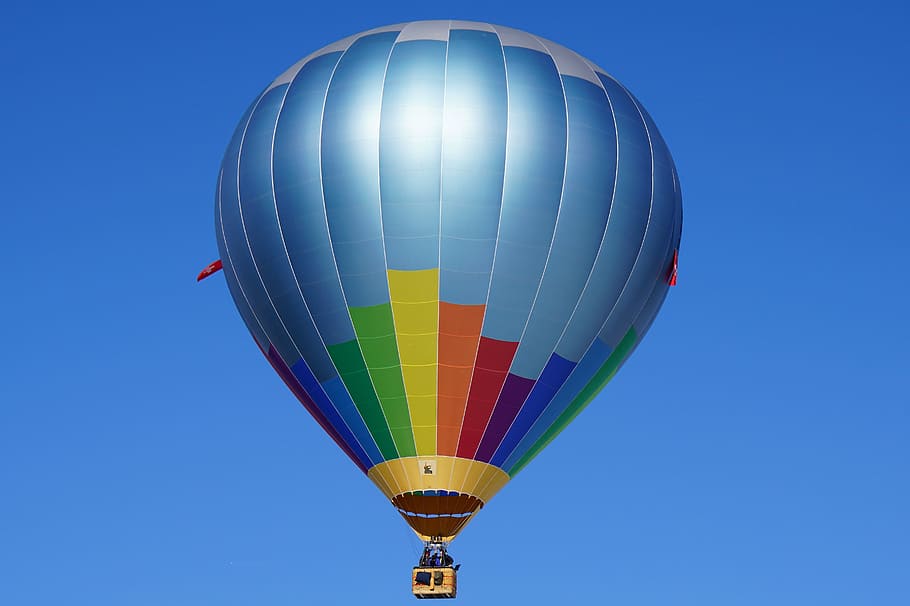 blue, yellow, and orange hot air balloon in flight at daytime, HD wallpaper