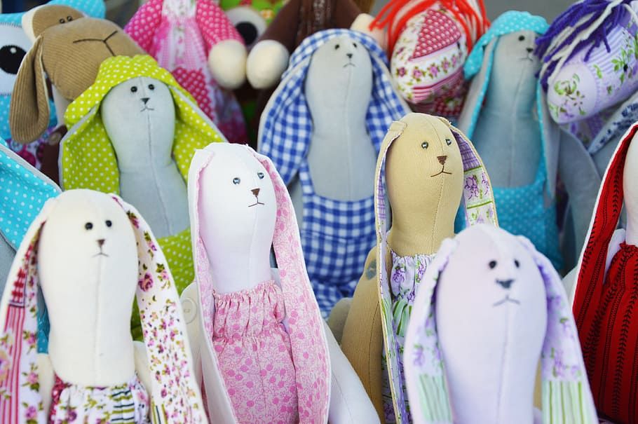 assorted-color rabbit plush toys close-up photo, checkered ears HD wallpaper
