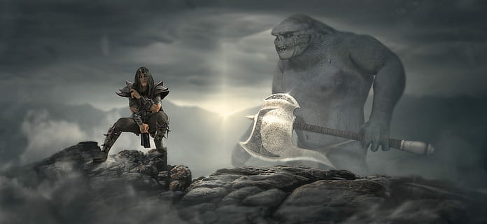 woman and giant illustration, fantasy, orc, rock, warrior, axe HD wallpaper