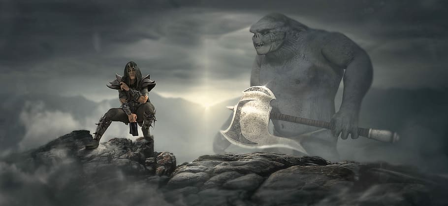 woman and giant illustration, fantasy, orc, rock, warrior, axe
