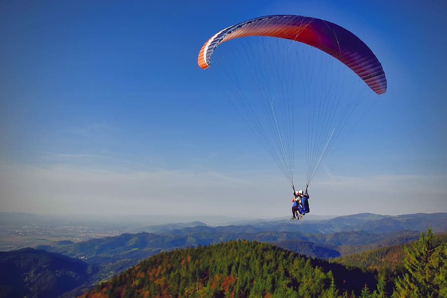 two person paragliding above green mountains, sky, adventure, HD wallpaper