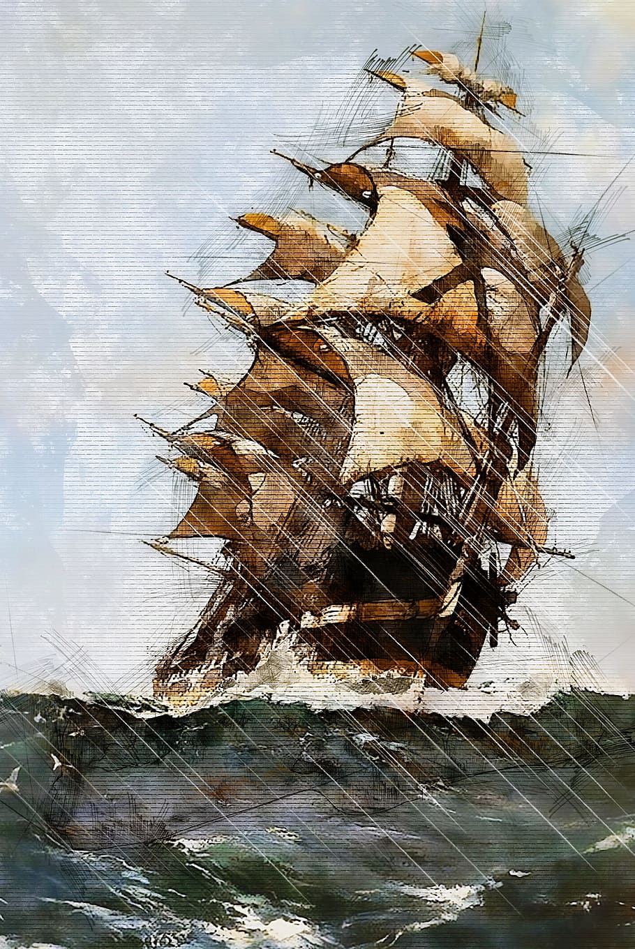 brown galleon painting, sailing ship, mast, boat, sea, sailboat, HD wallpaper