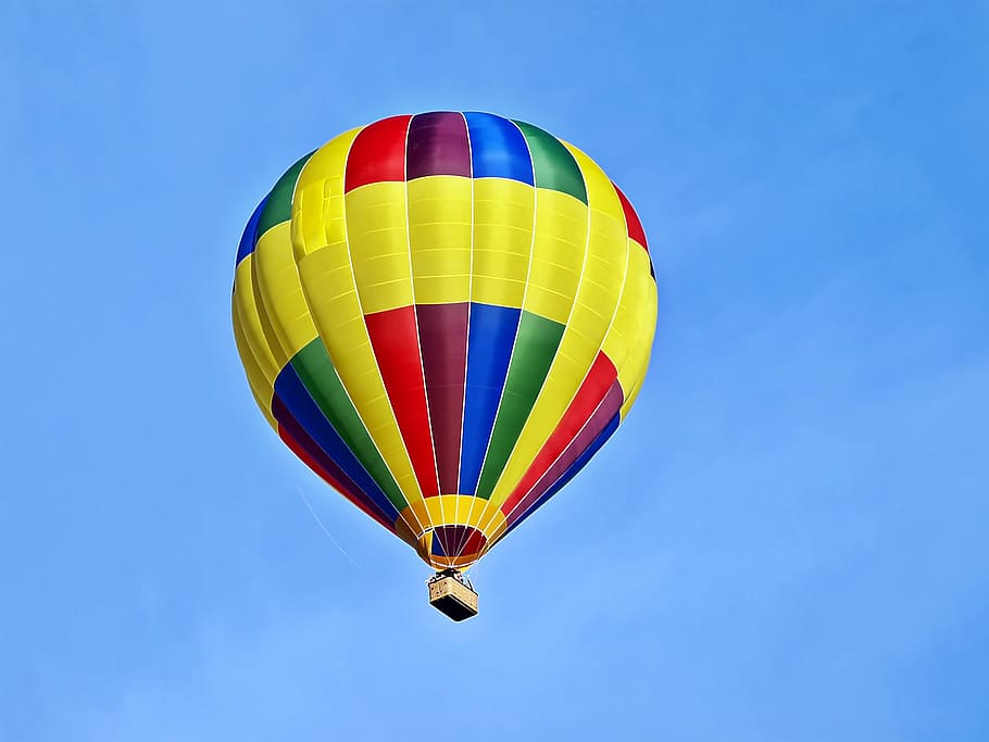 yellow and multicolored hot air balloon flying in the sky during daytime, HD wallpaper